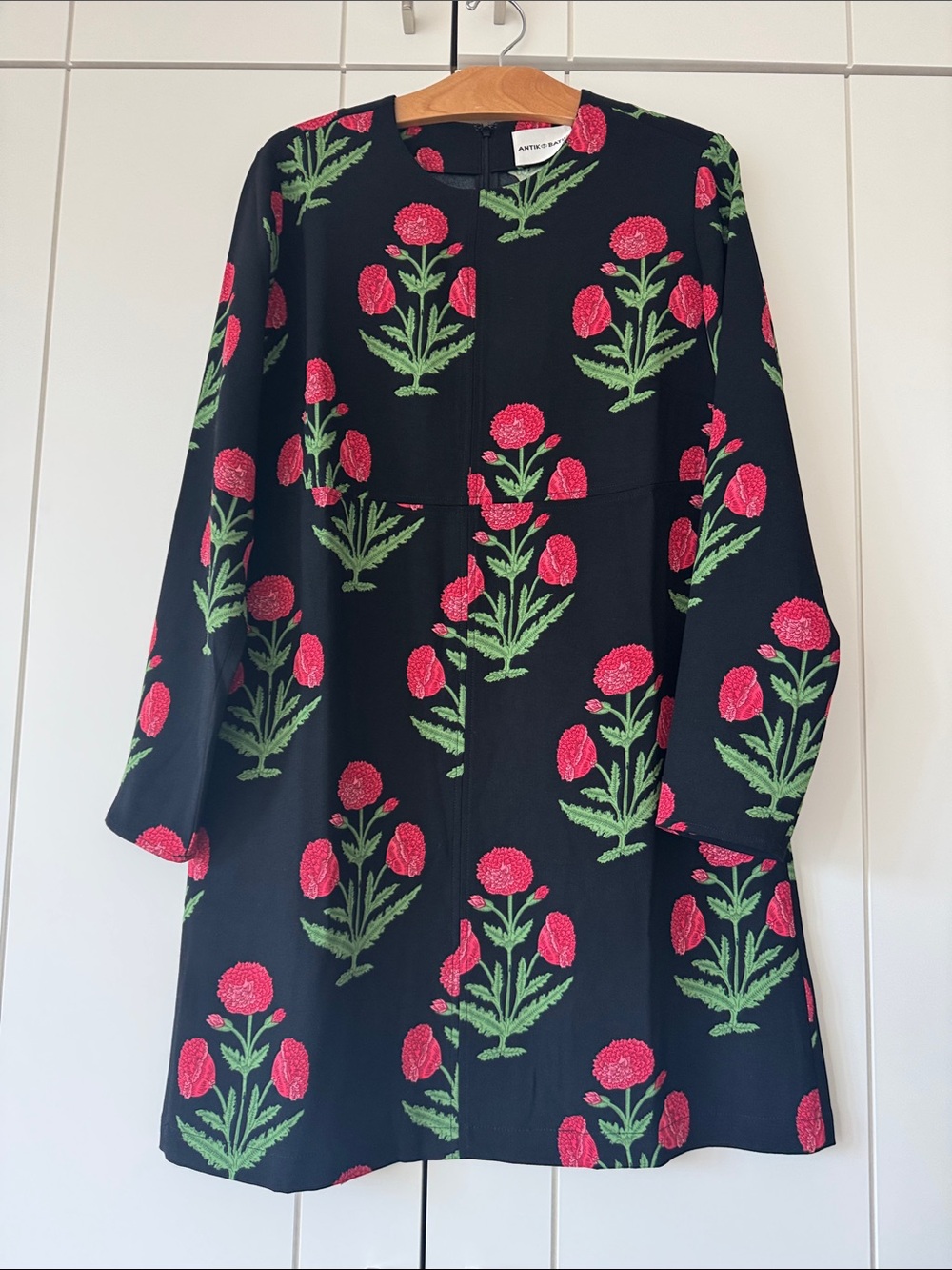 Antik Batik Black Long Sleeve Dress with Pink & Green Floral Motif